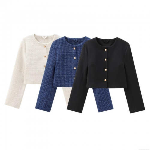 Women's Tweed Short Jacket Elegant Boucle Round Neck Single Breasted Outerwear With Gold Metal Buttons For Autumn Winter Daily Streetwear