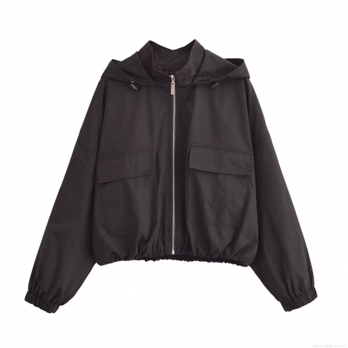Women's Casual Hooded Windbreaker Jacket Fashion Zip Up Short Outerwear With Flap Pockets Solid Color Streetwear Polyester Coat For Autumn