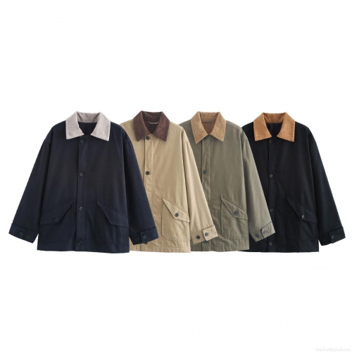 Women's Loose Canvas Jacket With Contrast Corduroy Collar Vintage Workwear Long Sleeve Single Breasted Coat For Spring Autumn Casual Streetwear
