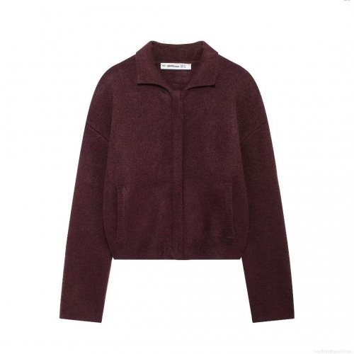 Women's Knit Bomber Jacket 100% Polyester Full Zipper Lapel Collar Long Sleeve Outerwear With Pockets Solid Burgundy Autumn Streetwear Casual Coat