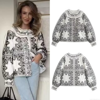 Women's Bohemian Ethnic Embroidered Jacket 100% Cotton Round Neck Long Sleeve White Black Floral Geometric Embroidery Button Down Short Coat