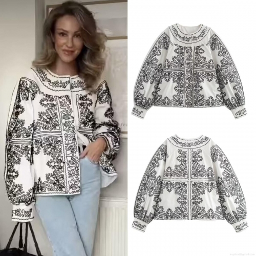 Women's Bohemian Ethnic Embroidered Jacket 100% Cotton Round Neck Long Sleeve White Black Floral Geometric Embroidery Button Down Short Coat