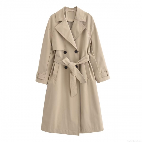 Women's Classic Double Breasted Long Trench Coat With Belt Lapel Collar Casual Solid Color Polyester Windbreaker For Streetwear Autumn