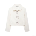 Women's Elegant Cream White Tweed Jacket With Rhinestone Bow Buttons Sophisticated Cropped Long Sleeve Turn-Down Collar Fall Outwear