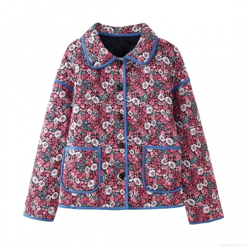 Women Floral Print Quilted Jacket Long Sleeve Lapel Button Down Puffer Coat With Patch Pockets Pink Flowers Contrast Binding Outerwear