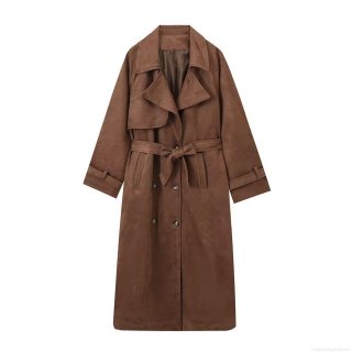 Women Extra Long Trench Coat Polyester Faux Suede Double Breasted Lapel Outerwear With Belt Casual Streetwear Autumn Winter Overcoat