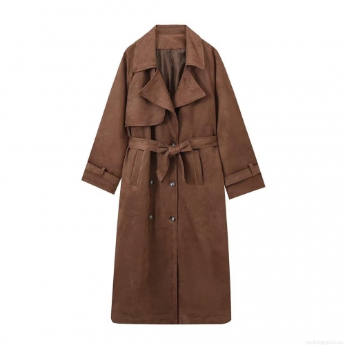 Women Extra Long Trench Coat Polyester Faux Suede Double Breasted Lapel Outerwear With Belt Casual Streetwear Autumn Winter Overcoat