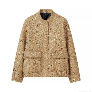 Women's Luxury Golden Sequin Tweed Jacket Short Stand Collar Long Sleeve Coat With Black Lining Fashion Glitter Streetwear Party Outerwear For Autumn Winter