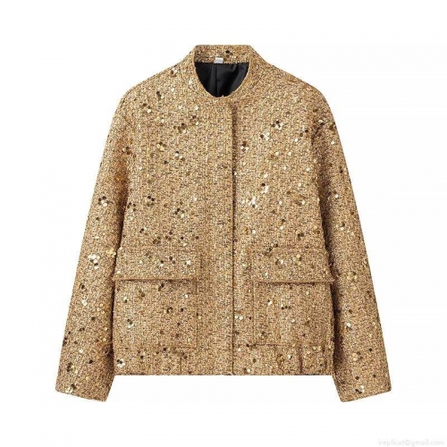 Women's Luxury Golden Sequin Tweed Jacket Short Stand Collar Long Sleeve Coat With Black Lining Fashion Glitter Streetwear Party Outerwear For Autumn Winter