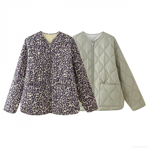 Women's Fashion Leopard Print Quilted Jacket 100% Polyester Padding Zipper Front Puffer Coat With Pockets Casual Long Sleeve Streetwear Outerwear For Fall Winter