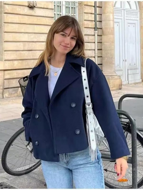Women's Short Woolen Coat Double Breasted Jacket Autumn Winter Fashion Lapel Long Sleeve Polyester Blend Warm Outerwear With Pockets Streetwear Top