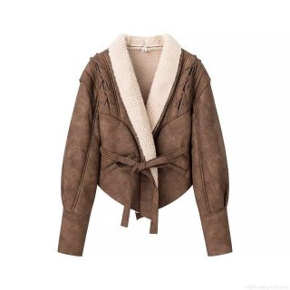 Women's Short Faux Shearling Jacket Suede Outerwear With Lace-Up Back Cream White Fur Collar For Autumn Winter Streetwear Warm Coat