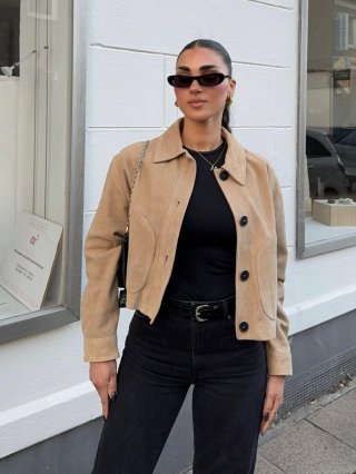 Women Fashion Suede Short Jacket Lapel Single Breasted Faux Leather Coat Solid Color Long Sleeve Outwear Streetwear Casual Styling Ladies Top