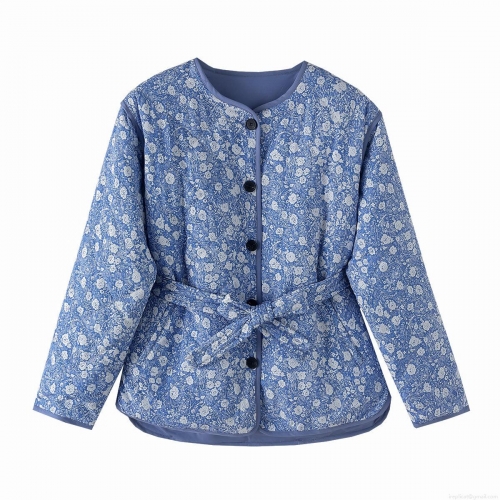 Women's Floral Quilted Jacket Polyester Cotton Padded Coat With Belt Long Sleeve Round Neck Single Breasted Mid Length Autumn Fashion Outerwear Blue Print