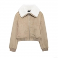 Women's Faux Suede Aviator Jacket With Sherpa Fur Collar Warm Fleece Lined Bomber Jacket Zip Up Short Coat Streetwear Outerwear For Autumn Winter