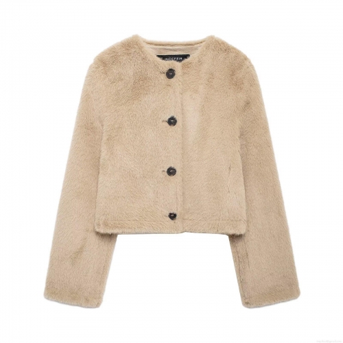 Women's Faux Fur Short Jacket Long Sleeve Round Neck Solid Color Warm Outerwear For Autumn Winter Streetwear Ladies Coat