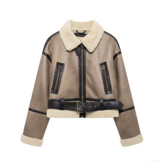 Women Retro Faux Suede Shearling Aviator Jacket Vintage Motorcycle Style Lapel Collar Zipper Fly Short Coat Warm Winter Outwear