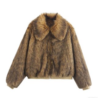 Women's Faux Fur Jacket Polyester Long Sleeve Zipper Coat With Ribbed Knit Trim Lapel Collar Warm Fashion Streetwear Brown Outerwear