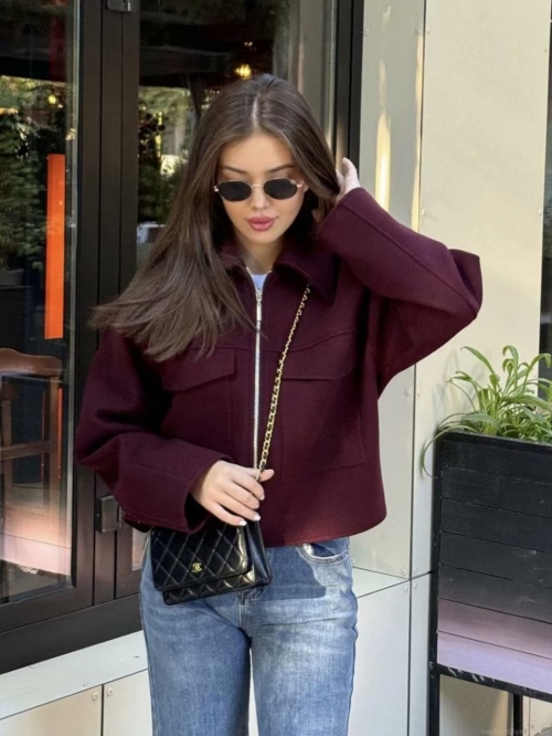 Women Fashion Woolen Jacket Large Pockets Zipper Lapel Casual Streetwear Overcoat Autumn Spring 100 Percent Polyester Coat For Women