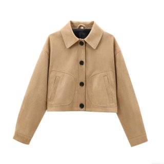 Women's Fashion Suede Jacket Short Crop Outwear Solid Color Lapel Single Breasted Long Sleeve Streetwear Coat For Autumn Winter Camel