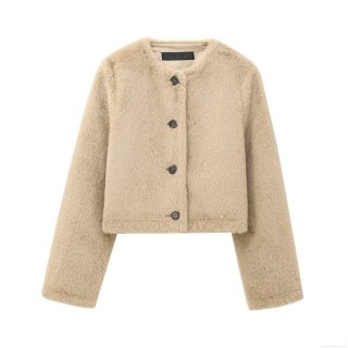 Women's Faux Fur Short Jacket Autumn Winter Solid Color Round Neck Long Sleeve Plush Outerwear With Buttons Fashion Streetwear Coat
