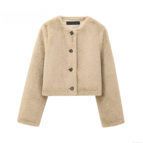 Women's Faux Fur Short Jacket Autumn Winter Solid Color Round Neck Long Sleeve Plush Outerwear With Buttons Fashion Streetwear Coat
