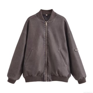 Women's Fashion Washed Faux Leather Bomber Jacket Stand Collar PU Leather Outerwear Long Sleeve Zip Up Solid Color Casual Streetwear Coat