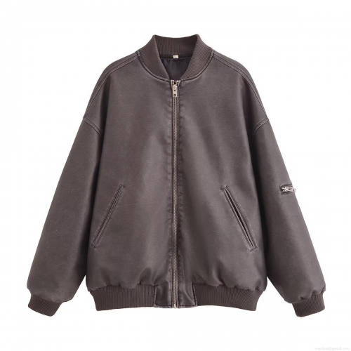Women's Fashion Washed Faux Leather Bomber Jacket Stand Collar PU Leather Outerwear Long Sleeve Zip Up Solid Color Casual Streetwear Coat