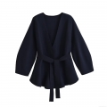 Women's Fashion Belted Knit Blazer Navy Blue Long Sleeve V-Neck Peplum Jacket Coat With Waist Tie Viscose Streetwear Office Outerwear