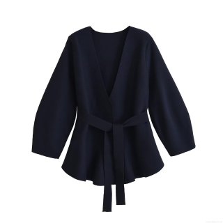 Women's Fashion Belted Knit Blazer Navy Blue Long Sleeve V-Neck Peplum Jacket Coat With Waist Tie Viscose Streetwear Office Outerwear