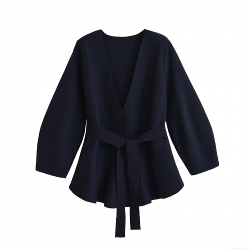 Women's Fashion Belted Knit Blazer Navy Blue Long Sleeve V-Neck Peplum Jacket Coat With Waist Tie Viscose Streetwear Office Outerwear