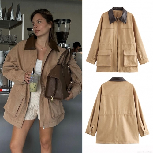 Women's Suede Mid-length Jacket With Contrasting Leather Collar Workwear Style Casual Contrast Color Zip Up Coat For Spring Autumn Streetwear