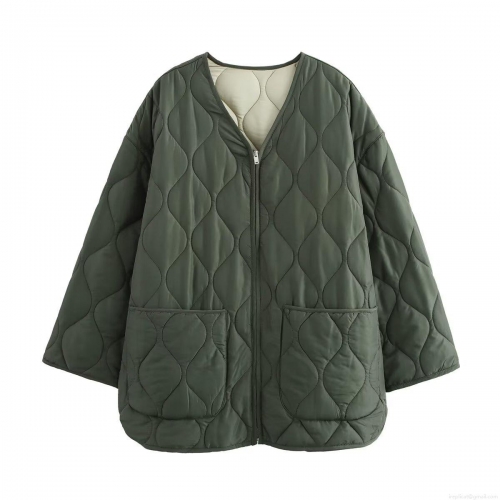 Women's Quilted Padded Jacket Oversized V-Neck Zipper Outerwear Coat Autumn Winter Casual Streetwear Warm Pockets Olive Green Cotton Blend Long Sleeve Parka