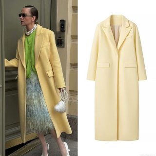 Women's Long Woolen Coat Autumn Winter Solid Color Polyester Blend Suit Collar Single Breasted Trench Coat Overcoat For Women Fashion Streetwear Office Lady Daily Wear Light Yellow