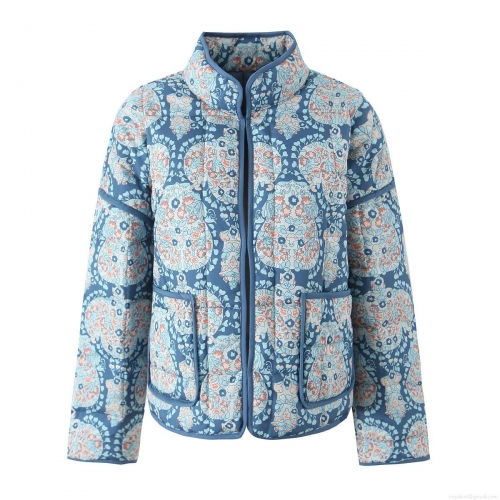 Women's Quilted Jacket Polyester Paisley Floral Print Stand Collar Padded Cotton Coat Long Sleeve Retro Streetwear Outerwear For Autumn Winter