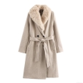 Women's Long Faux Fur Collar Overcoat Fashion Polyester Woolen Look Coat With Belt Autumn Winter Streetwear Elegant Outerwear For Women