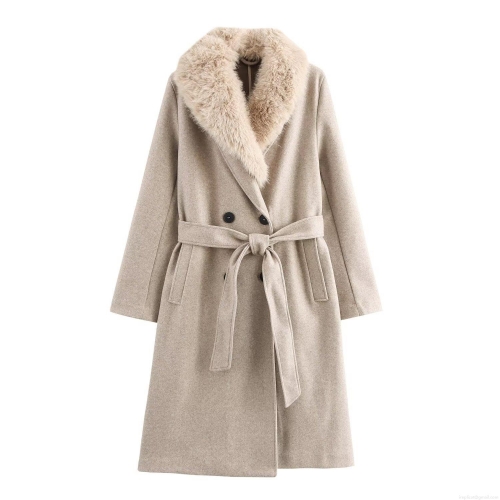 Women's Long Faux Fur Collar Overcoat Fashion Polyester Woolen Look Coat With Belt Autumn Winter Streetwear Elegant Outerwear For Women