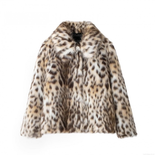 Women's Leopard Print Faux Fur Coat Warm Long Sleeve Outerwear With Turn-down Collar Polyester Faux Fur Jacket For Women Streetwear