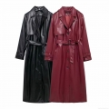 Women's Loose PU Faux Leather Trench Coat With Belt Long Sleeve Lapel Solid Color Maxi Windbreaker Autumn Streetwear Fashion Outwear Jacket