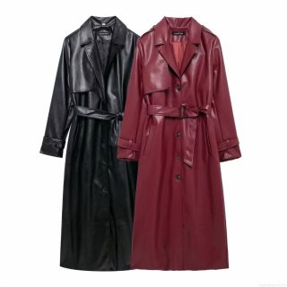 Women's Loose PU Faux Leather Trench Coat With Belt Long Sleeve Lapel Solid Color Maxi Windbreaker Autumn Streetwear Fashion Outwear Jacket