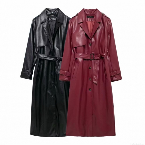Women's Loose PU Faux Leather Trench Coat With Belt Long Sleeve Lapel Solid Color Maxi Windbreaker Autumn Streetwear Fashion Outwear Jacket
