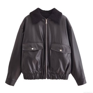 Women's Fashion PU Leather Jacket With Faux Lamb Wool Collar Autumn Winter Warm Moto Biker Coat Streetwear Outerwear For Women