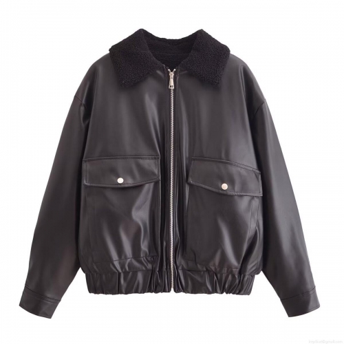 Women's Fashion PU Leather Jacket With Faux Lamb Wool Collar Autumn Winter Warm Moto Biker Coat Streetwear Outerwear For Women