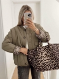Women's Fashion Quilted Padded Jacket With Leopard Print Lining Ribbed Collar Single Breasted Button Down Long Sleeve Casual Outerwear Coat For Autumn Winter Women