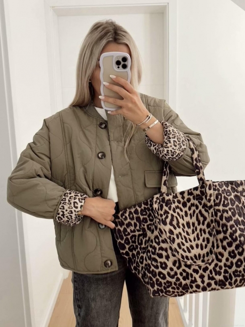 Women's Fashion Quilted Padded Jacket With Leopard Print Lining Ribbed Collar Single Breasted Button Down Long Sleeve Casual Outerwear Coat For Autumn Winter Women