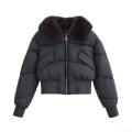 Women's Short Puffer Jacket With Detachable Faux Fur Collar Long Sleeve Quilted Cotton Padded Outerwear Windproof Winter Coat For Ladies Streetwear