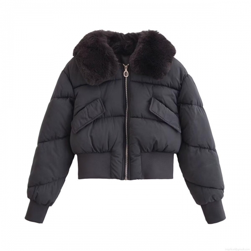 Women's Short Puffer Jacket With Detachable Faux Fur Collar Long Sleeve Quilted Cotton Padded Outerwear Windproof Winter Coat For Ladies Streetwear
