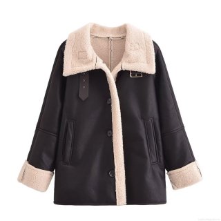 Women's Faux Leather Shearling Jacket Warm Patchwork Lapel Long Sleeve Solid Color Single Breasted Coat Autumn Winter Streetwear Outerwear
