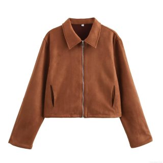 Women's Faux Suede Jacket Lapel Long Sleeve Solid Color Zipper Short Coat Streetwear Fashion Outerwear For Autumn Winter Ladies