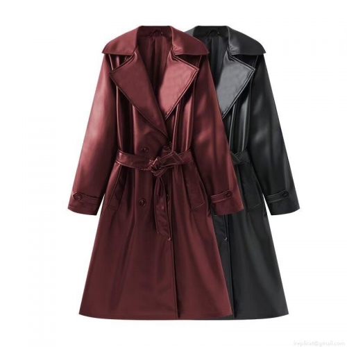 Women's Fashion Long PU Leather Trench Coat Double Breasted Lapel Faux Leather Jacket With Belt Autumn Casual Streetwear Windbreaker Outwear